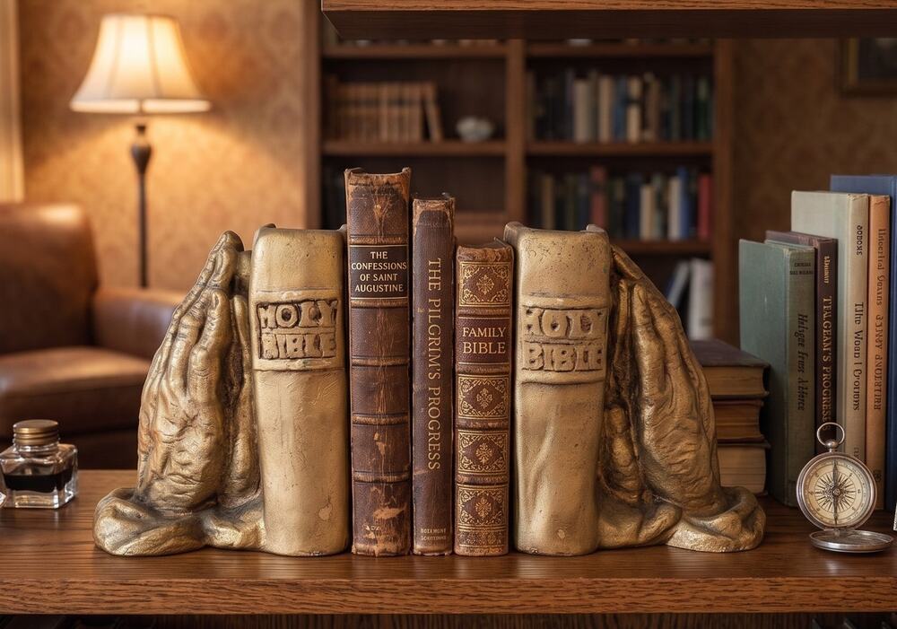 Vintage Praying Hands Holy Bible Bookends Durer Mid Century Bronzed Chalkware